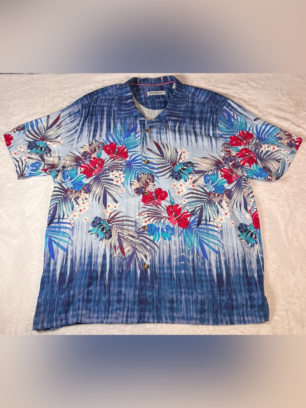Tommy Bahama Men XL 100% Silk Hawaiian Shirt Tropical Hibiscus Floral Blue